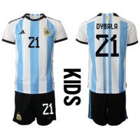 Argentina Paulo Dybala #21 Hjemmebanesæt Børn VM 2022 Kortærmet (+ Korte bukser)
